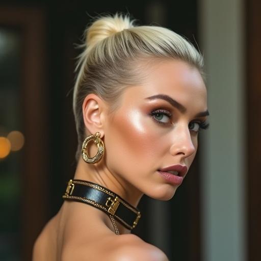 Photo of a blond woman with slicked back hair styled into a ponytail. Oversized golden hoop earrings are worn. Dramatic makeup and a leather collar with lettering are noticeable.