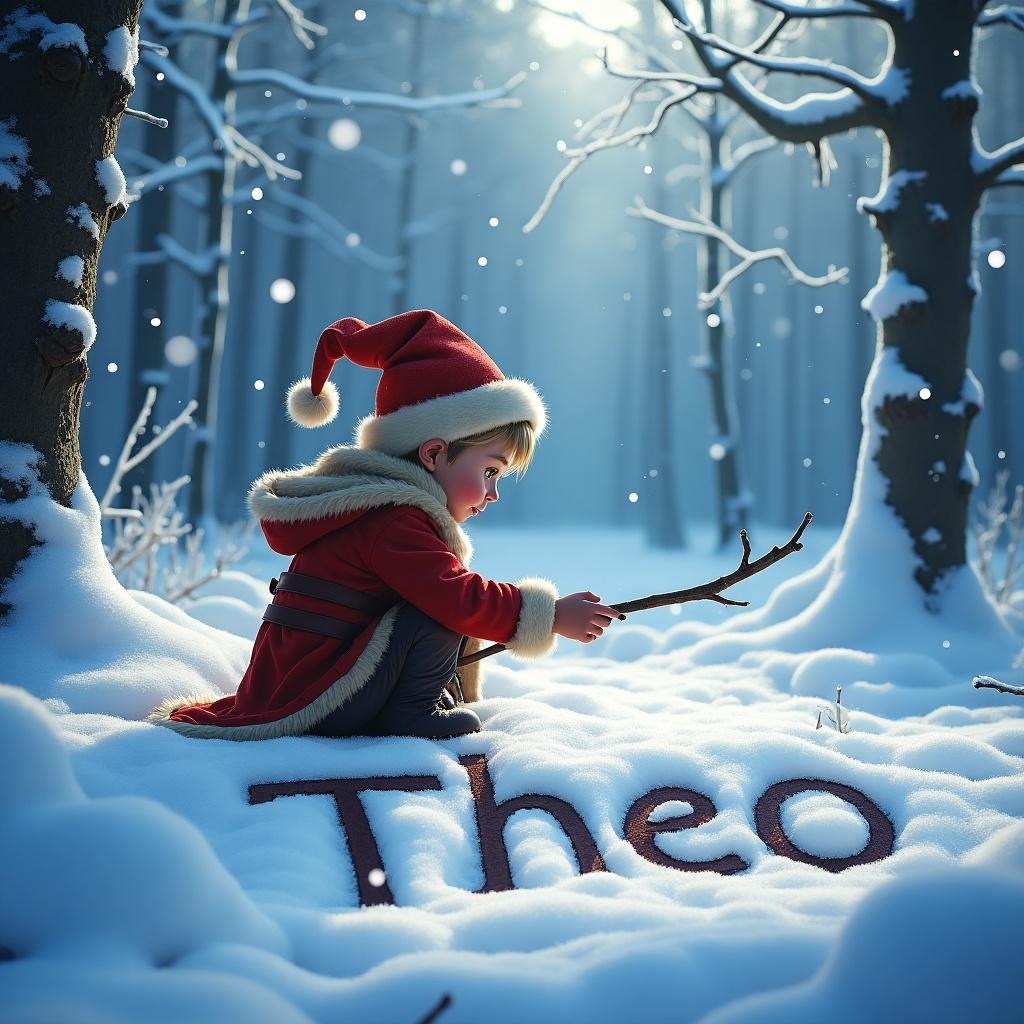 Child dressed as an elf writing the name Theo in the snow