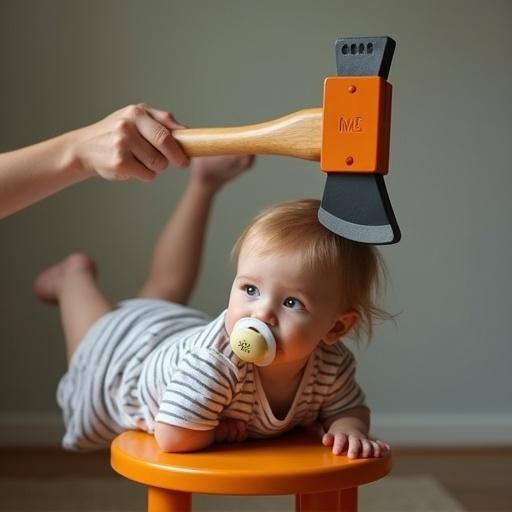 A playful child lies on a stool. Mother holds a toy axe above her. The scene is lighthearted and joyful.