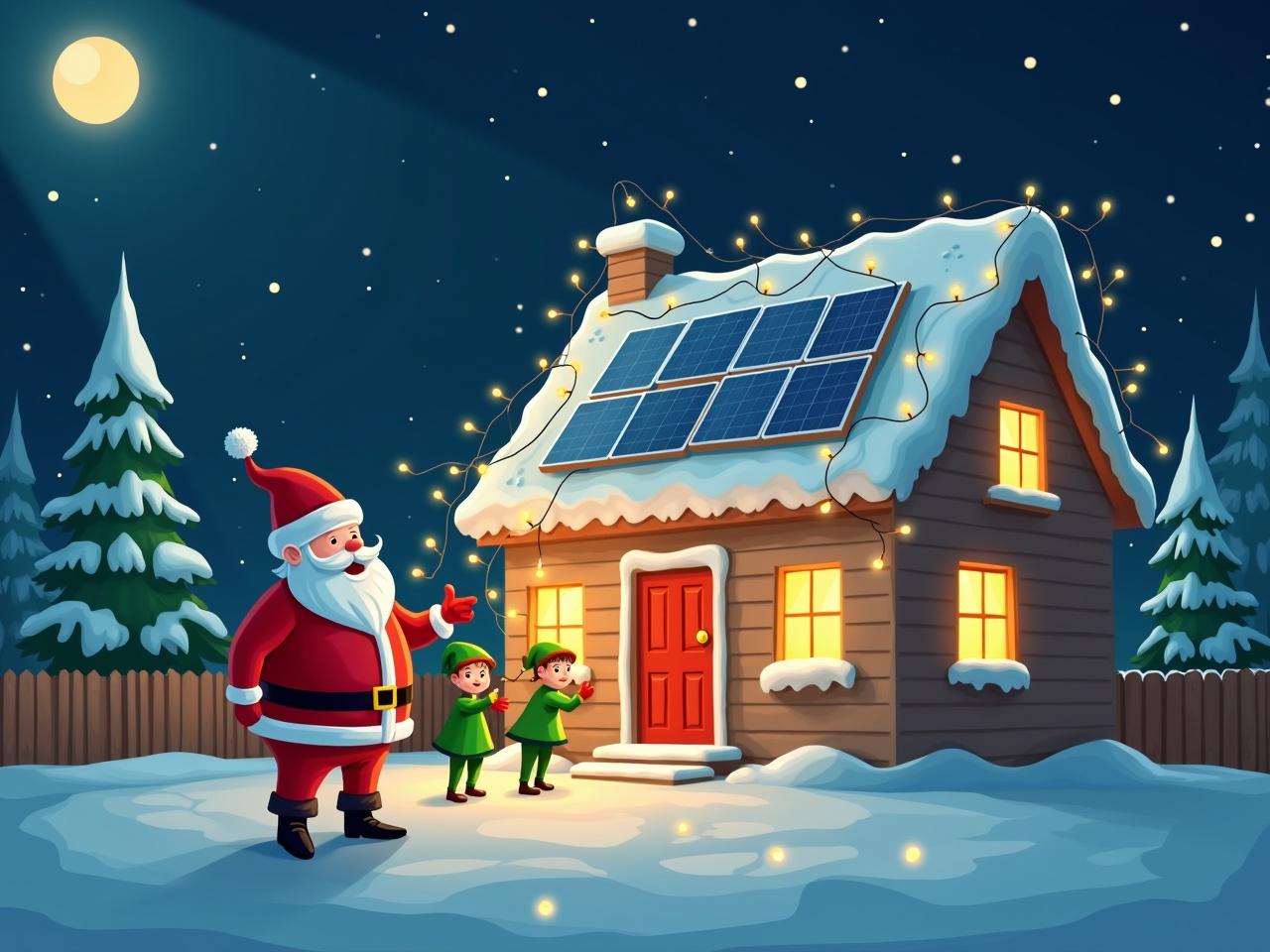 Santa Claus in red uniform stands in front of a house with solar panels. The house is decorated with Christmas lights. Elves in green uniforms assist while snow covers the landscape. The nighttime setting adds to the festive atmosphere.