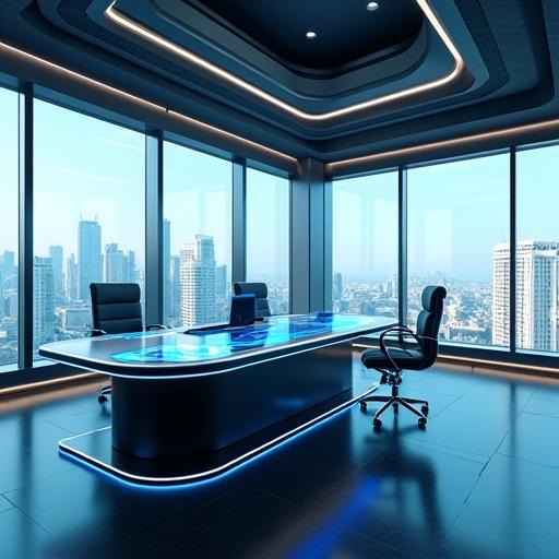 Futuristic executive office with floor to ceiling glass windows. The desk features advanced holographic displays and has a sleek modern design.