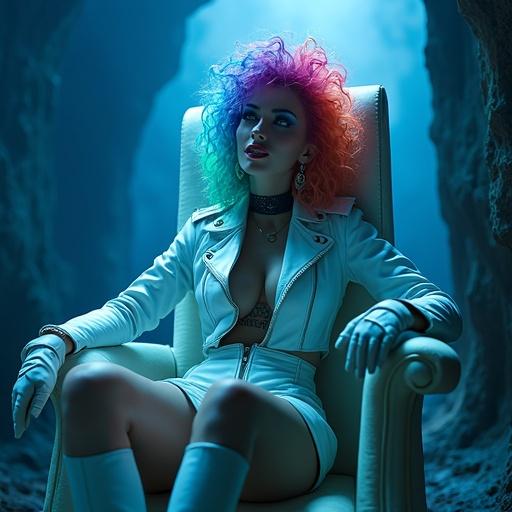 Full-body portrait of a Queen Vampire wearing a white leather outfit. Rainbow colored curly hair and over-knees white boots. Sitting on a vampiric throne in a Crypt. Blue moonlight illumination. Visible vampire fangs and provocative pose.