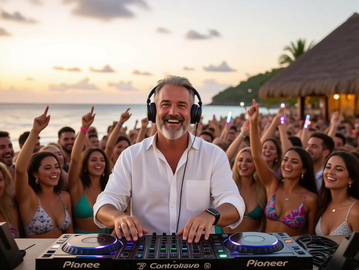 DJ playing at tropical beach resort. Crowd dancing energetically with glowing sticks. Sunset creating a vibrant atmosphere. DJ using Pioneer controller. People enjoying the music.