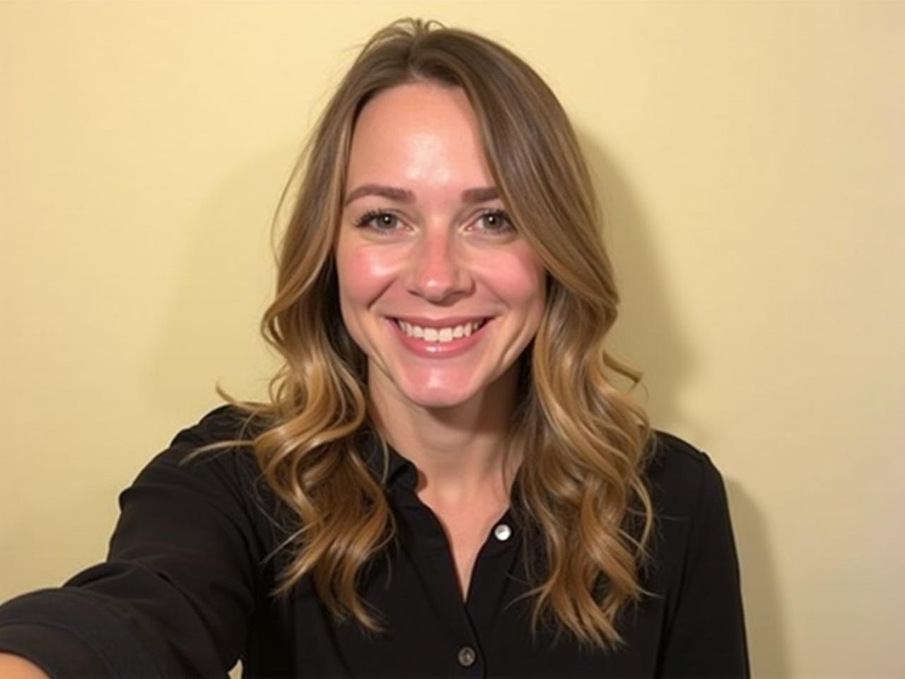 A smiling woman is taking a selfie. She has long, wavy hair that is light brown. She is wearing a black button-up shirt. The background is a simple, neutral color, possibly light yellow or beige. She has a warm expression and is looking directly into the camera. The lighting in the image is soft and even, giving her a pleasant appearance.