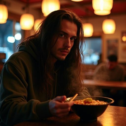 Portrait of a man with long hair in a cozy noodle shop. Steaming ramen in his hands. Dim lighting with lanterns. He wears a hoodie and enjoys his meal. Sophisticated atmosphere with soft music.