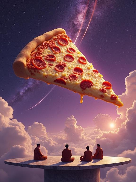 Giant pizza slice hovers over marble table in cosmos. Mozzarella cheese monks meditate around it. Pepperoni-shaped shooting stars streak across sky.