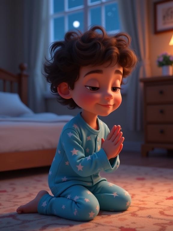 Animation featuring a little boy in star-print pajamas kneeling by his bed. He has curly hair and a tender expression. One hand is crossing over while his eyes are closed. The room has warm lighting and a visible moon outside the window.
