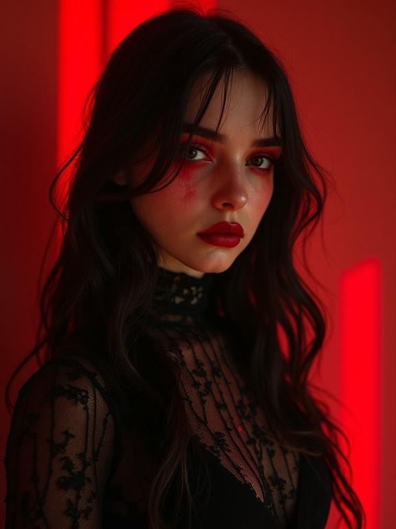 Model with half gold and half red skin. Dark school gothic style. Neon red background in an office setting.