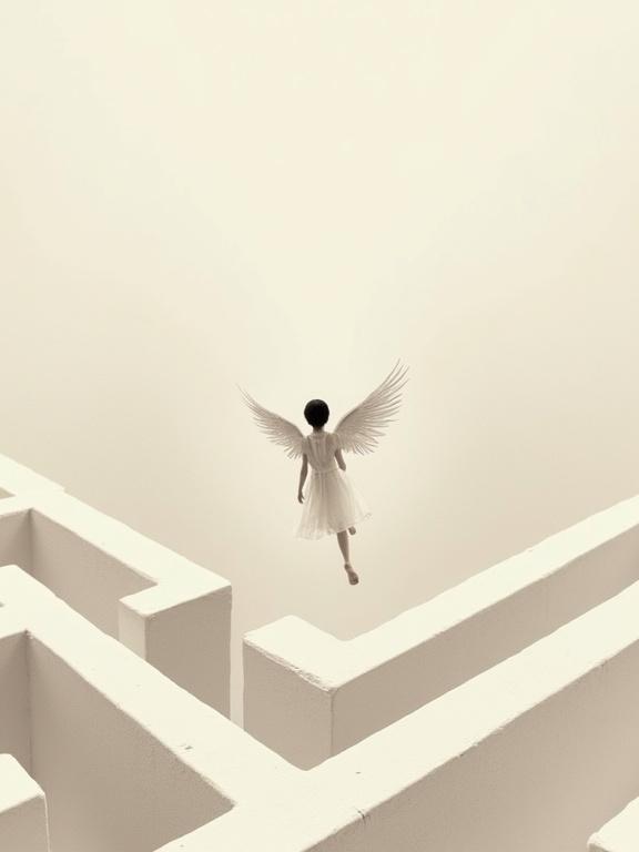 Bird's eye view of a tiny human with angel wings floating inside a maze. Surreal and minimalist illustration style. Clean background with oversized objects and vast negative space. Elegant and contemporary composition featuring subtle grain texture.