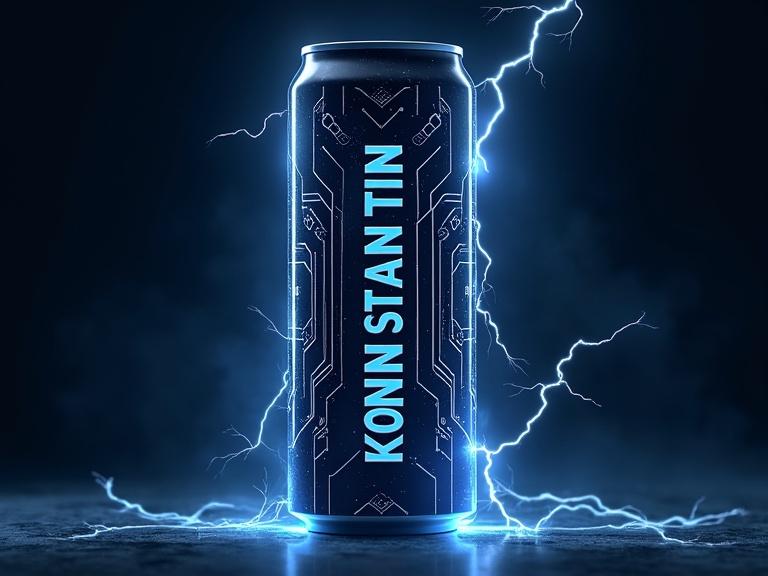 Futuristic energy drink can with vertical text labeled 'KONSTANTIN'. The design includes electric circuit patterns. Background features lightning effects around the can. Overall theme conveys energetic and modern lifestyle.