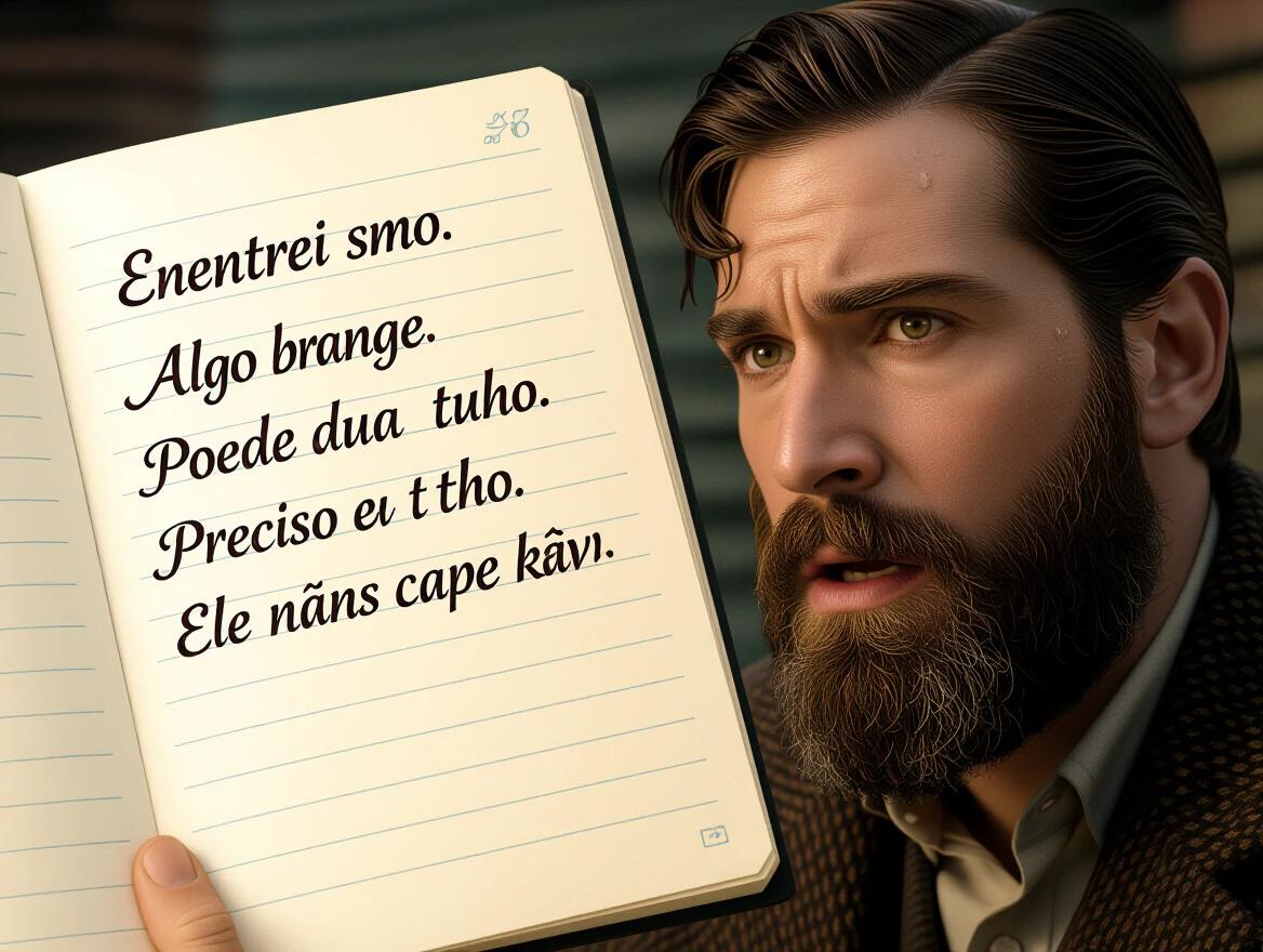 A close-up of an opened diary showing elegant handwriting. The page contains a secretive note. Dramatic lighting creates an intense atmosphere. Include a man's intense expression. The scene feels cinematic and intriguing.