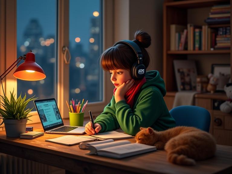 Create cozy scene featuring young person at wooden desk in warmly lit room. Person wears green hoodie with red scarf and large headphones. Focused on notebook with fountain pen. Desk cluttered with open laptop showing Spotify and creative items. Potted plant on desk. Fluffy orange cat curled up. Large window displays cityscape at night. Room lit by vintage lamp with red shade. Bookshelf filled with books and decorative items. Overall calm and creative mood with soft lighting and warm tones.