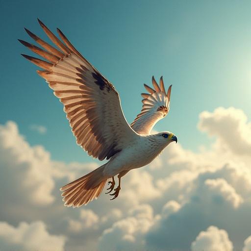 A majestic bird is soaring gracefully in a clear blue sky. It has wide wings with intricate feather patterns. Fluffy clouds surround the bird, adding depth to the scene. The sunlight casts a warm glow, illuminating the bird's features spectacularly.