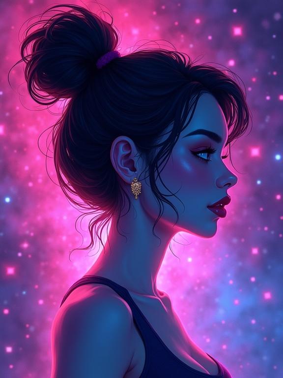 A cartoon portrait of a woman with a short hairstyle. The background features a starry sky with a purple and pink gradient. The woman's profile is illuminated by bright pink and blue lighting. The artwork is in a textured and sharp style.