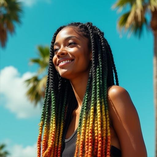 A woman stands under a bright cyan sky. She has long rainbow Rasta style braids and indigo eyes. Palm trees are swaying around her. She is smiling.