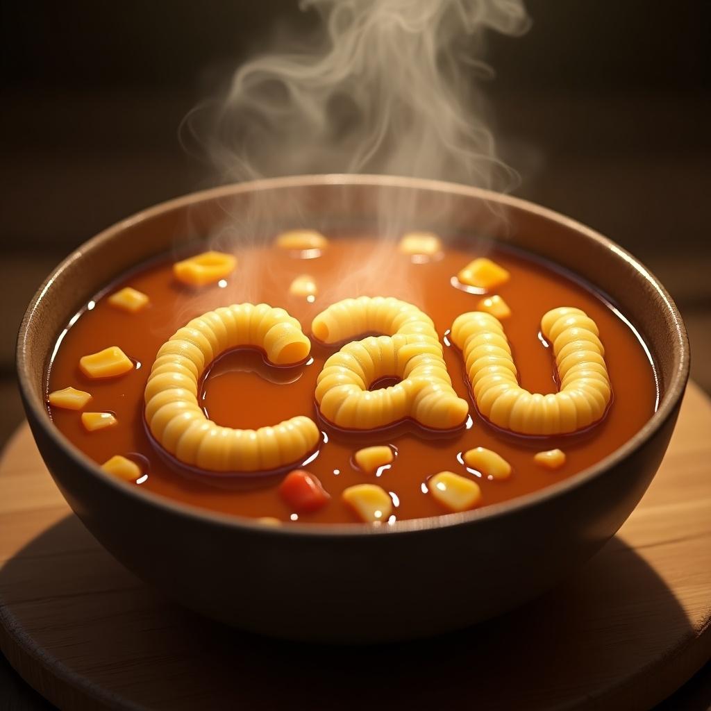 Create a mouth-watering, hyper-realistic image of a steaming hot bowl of alphabet soup, with noodles that spell out the phrase 'Cauã' in a playful, whimsical way. The soup should be depicted in exquisite detail, with a rich, savory broth and tender, perfectly cooked noodles that seem to float on the surface. The alphabet noodles should be arranged in a clever, artistic way, with each letter carefully crafted to spell out the phrase in a clear, easy-to-read font. The bowl should be rendered in intricate detail, with a warm, comforting glow that seems to emanate from within. The overall effect should be one of appetizing, nostalgic charm, transporting the viewer back to a cozy, comforting meal from their childhood.