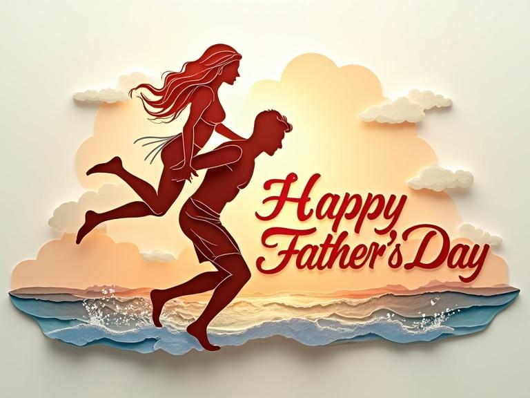 Layered paper cut style art depicting a mother on her husband's back at the beach. Happy Father's Day text in elegant script. Multicolored sunset background with intricate details.