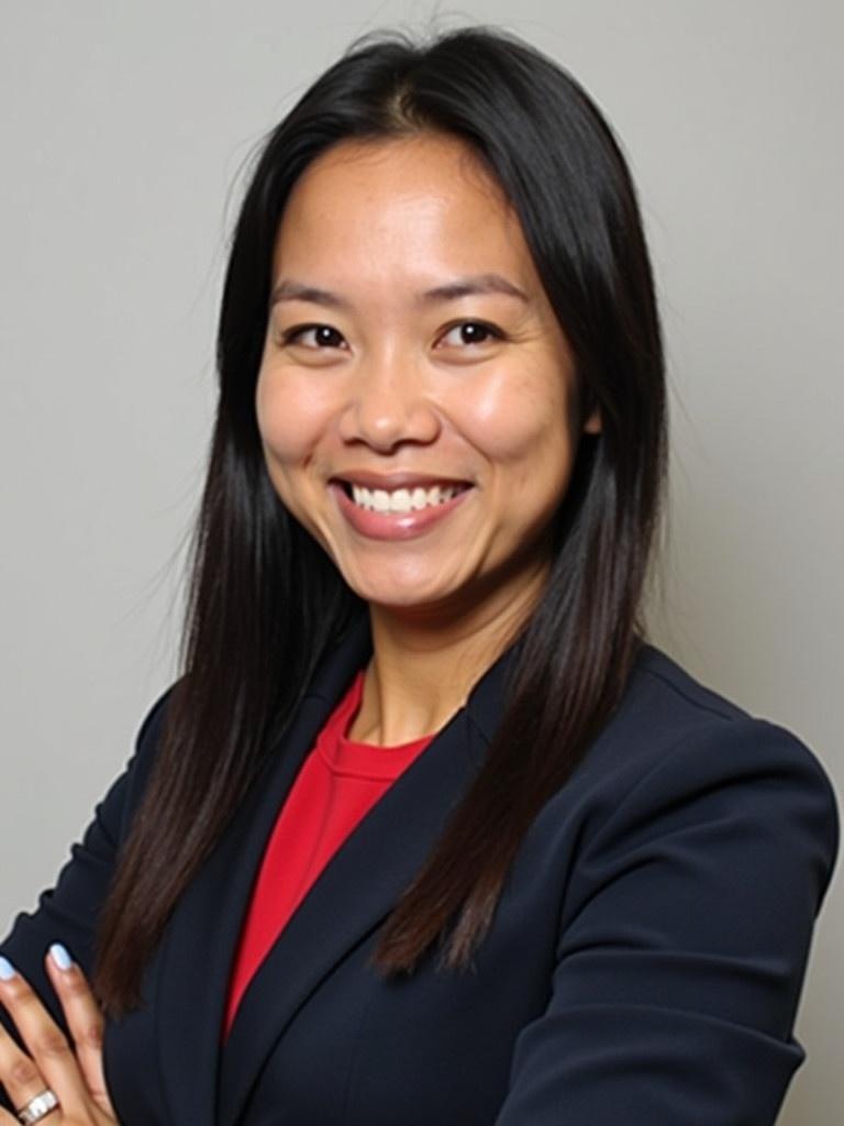 Professional profile picture of a confident businesswoman in a navy suit and red blouse. Shot taken in a neutral backdrop. Strong body language displayed with crossed arms.