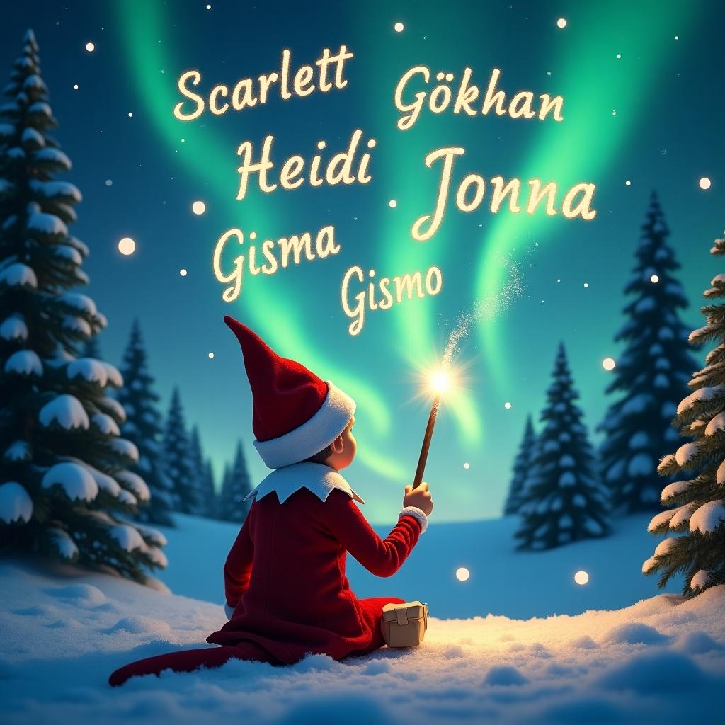 The image features an enchanting scene with an elf on the shelf. The elf is facing a stunning sky illuminated by northern lights. Using a magical wand, the elf writes names in the air. The ground is blanketed in snow, with evergreen trees standing tall behind. Names like Scarlett, Gökhan, Heidi, Jonna, and Gismo are spelled out in sparkling light above the elf. The atmosphere is filled with festive magic, embodying the spirit of Christmas.