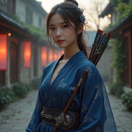 A female scout in a semi-realistic fantasy world. Character has porcelain-like skin. Wears deep indigo attire with silver cherry blossom patterns. Features soft curves representing strength and femininity. Styled hair with kanzashi ornament. Back carries a lacquered yumi bow. Background includes twilight courtyard with ivy-covered walls and fluttering banners.