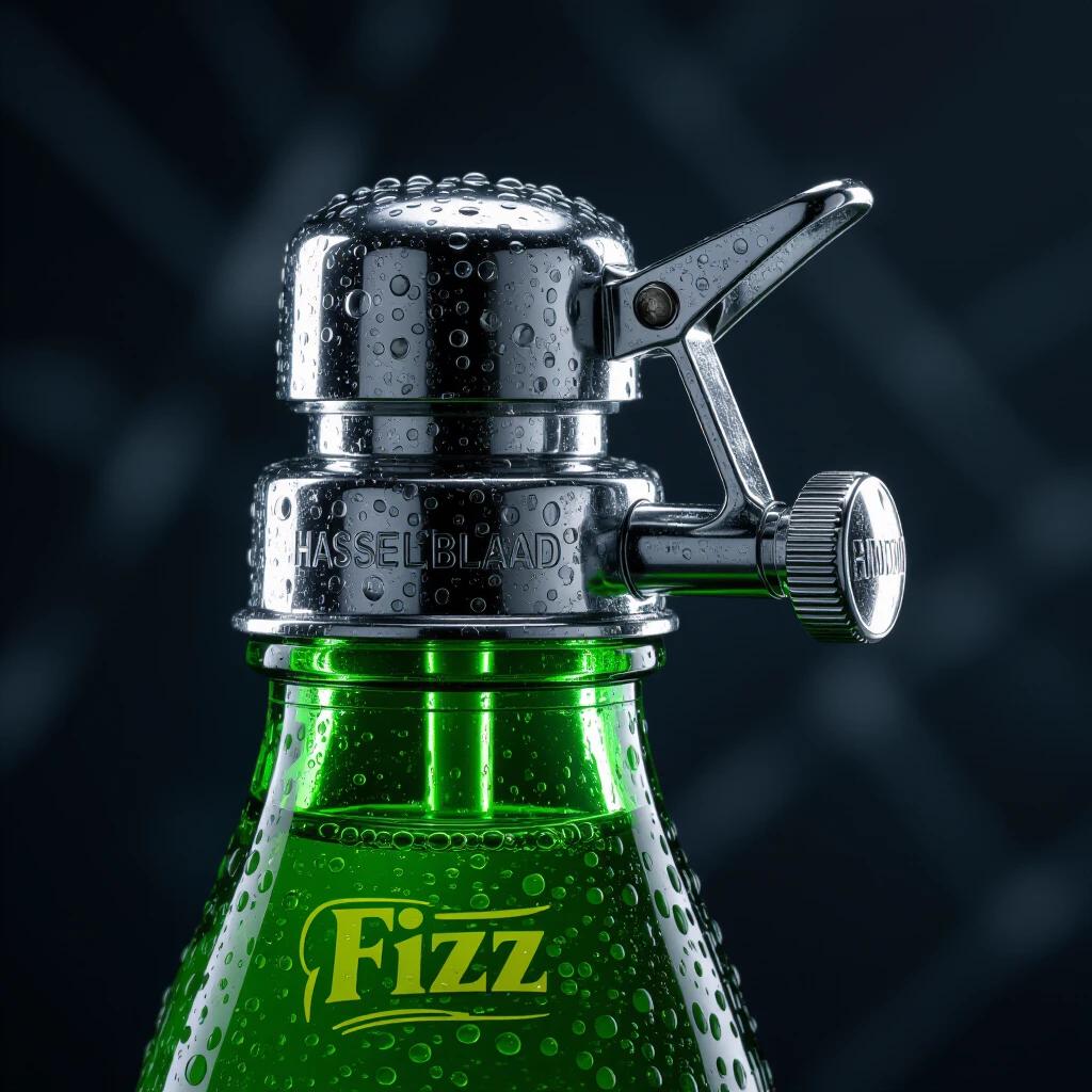 Close-up macro photograph of a 1970s glass soda siphon. Features a shiny chrome cap and green-tinted glass body. Details include condensation droplets and carbonation bubbles. Background is dark marble. The focus is extremely sharp on the siphon and its highlights.