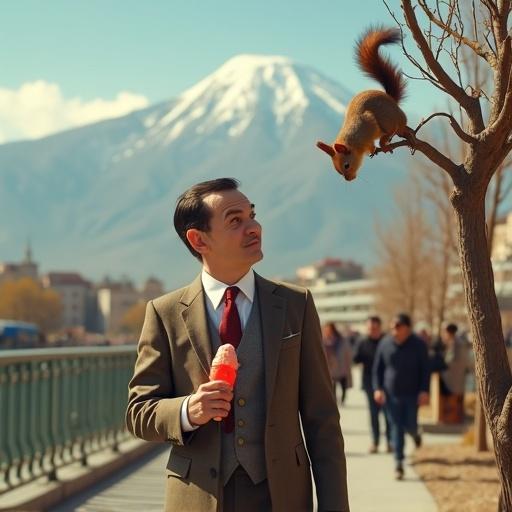Hyper-realistic cinematic image of Mr. Bean in Tehran. He stands near Tabiat Bridge. Alborz mountains and Mount Damavand are in background. Mr. Bean wears a wrinkled suit. He holds saffron ice cream. He looks confused at a squirrel by a tree. Atmosphere is bright with locals walking. Sunlight is soft and natural. Colors are vibrant and urban textures are detailed.