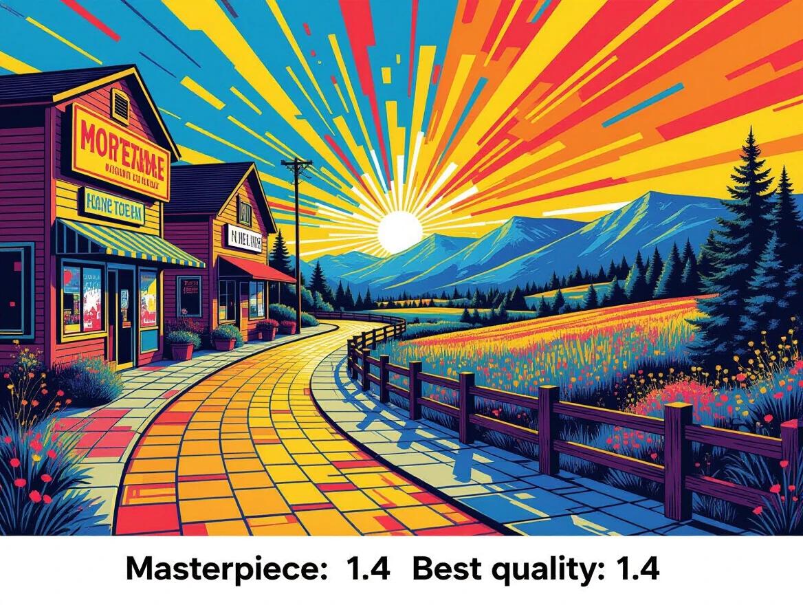 A vibrant landscape scene in pointillist dot patterns with Pop Art-style branding. Bright colors and comic outlines dominate the scene. Glitch artifacts appear as pixelated tears and RGB shifts disrupt the visuals. A blend of traditional detail and loud consumer themes.