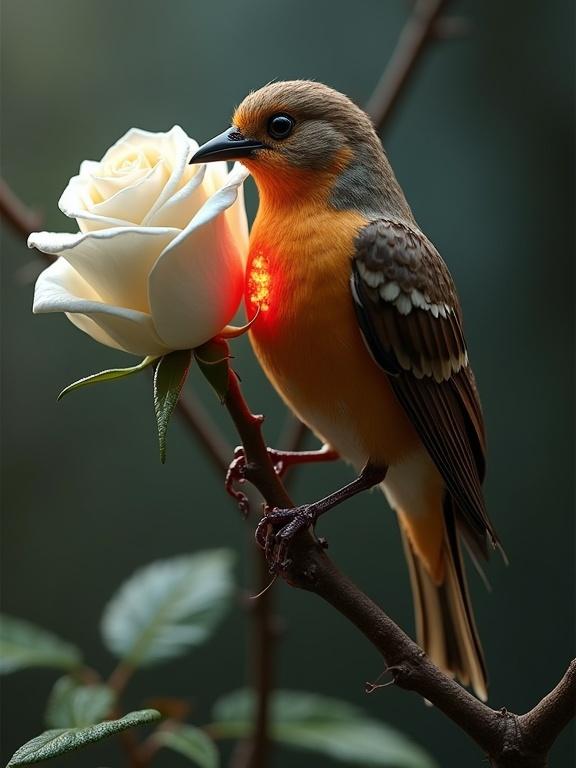 Close-up of a Nightingale with copper-gold feathers near a white rose. The bird's chest emits a red-orange glow, with droplets of blood on the rose. Blurred background shows a house window. Lighting is dramatic with rim accents.