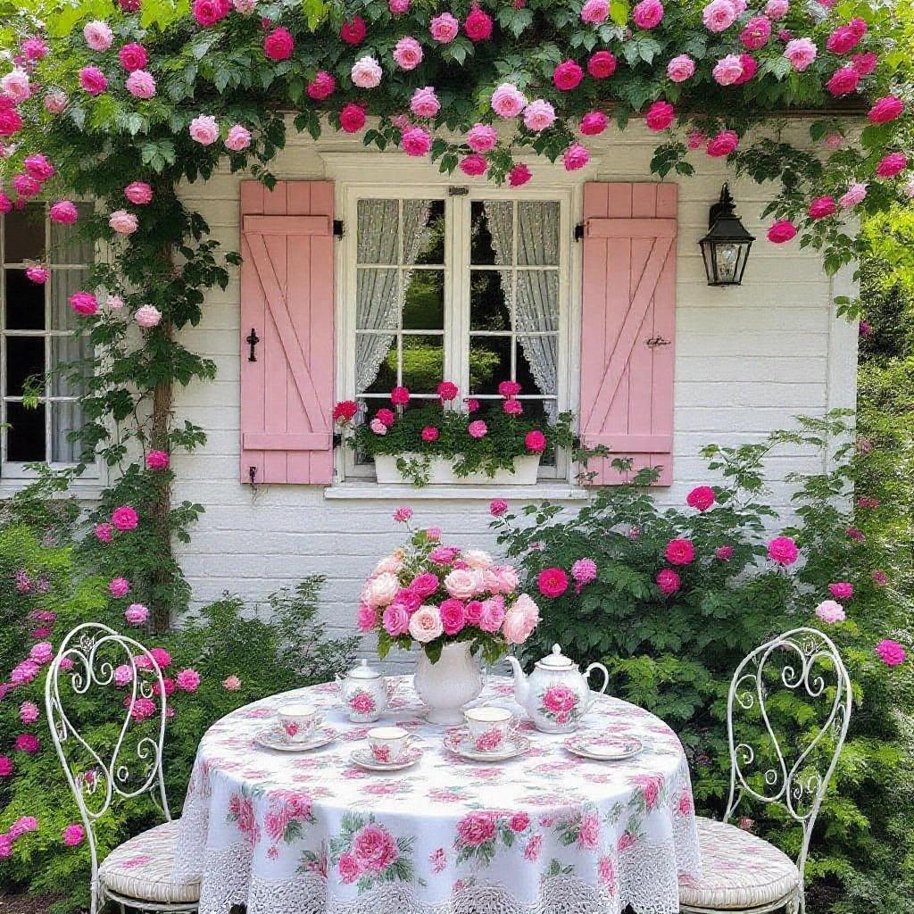 White lace tablecloth on white table outdoors with pink roses hanging from vines above. Vase of pink roses on table with white tea set featuring pink rose print. White cottage with pink shutters is in the background.