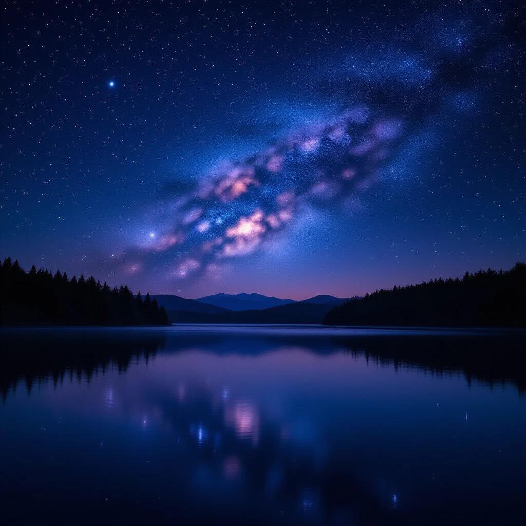 A galaxy visible in the night sky above a tranquil lake. Scene is hyper-realistic. High cinematic quality. Image is 8K resolution.