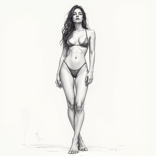 Sketch of a female figure standing in a bikini. Full body shown in a frontal position. Emphasis on proportions and physique.