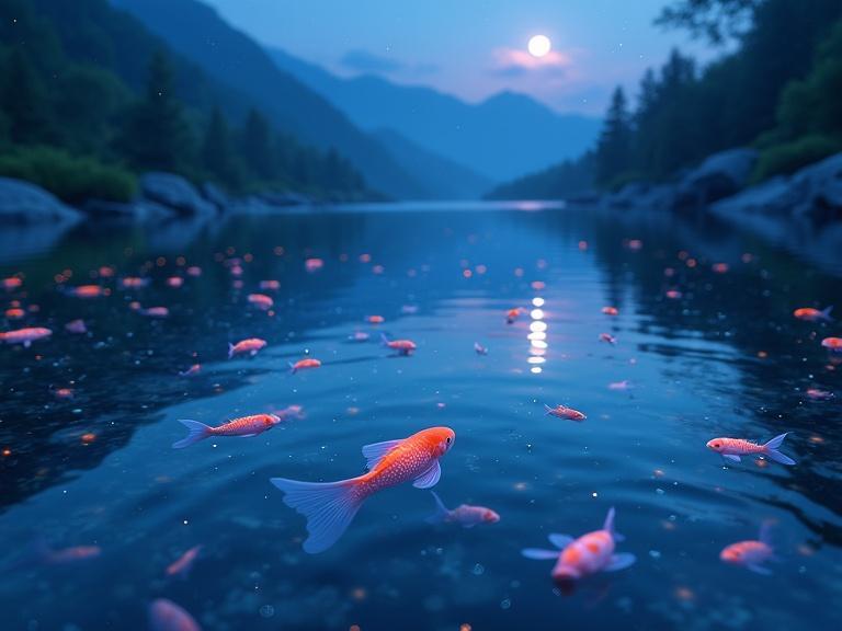 Hyper-realistic anime-style scene shows tranquil mountain lake at twilight. Colorful tiny fish glow in emerald, sapphire, magenta colors. Delicate fins create ripples in clear water. Water lilies and smooth rocks are present. Mist curls over the surface. Ethereal and enchanting atmosphere is evident. Inspired by Tetsuya Nomura and Hayao Miyazaki. 4K resolution with soft bokeh and depth of field.