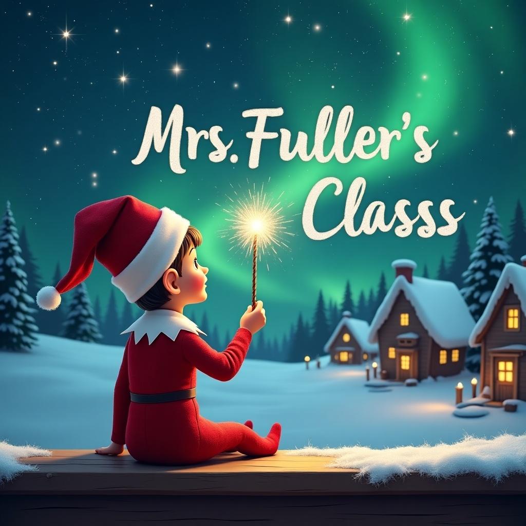 An elf sits on a wooden ledge with its back to the camera, gazing at a magical sky. The elf, dressed in a red outfit with a pointed hat, holds a sparkling wand. With the wand, the elf elegantly writes the names 'Mrs.' and 'Fuller's' and 'Class' in the starry sky. The background features a snowy landscape with charming little houses and evergreen trees under the shimmering Northern Lights. This whimsical scene captures the essence of childhood magic and Christmas cheer.