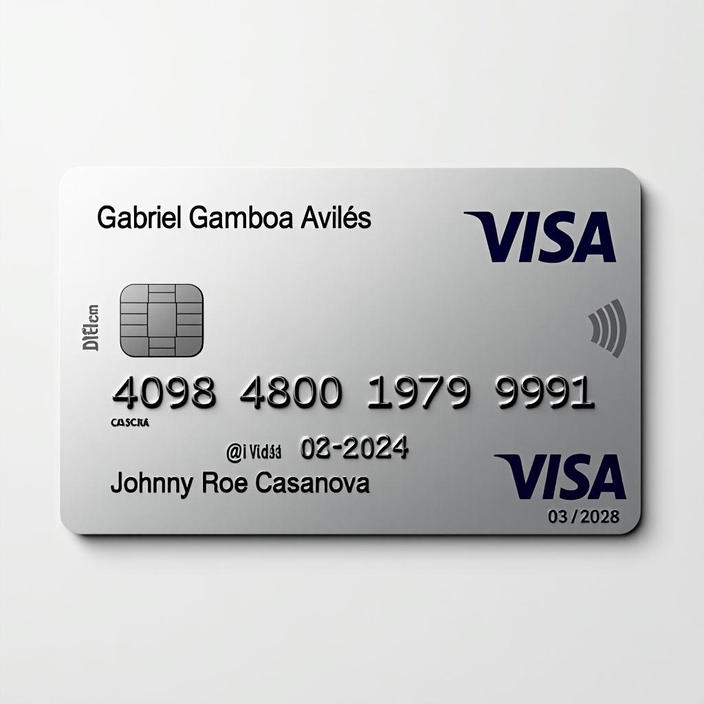 Realistic image of a credit card. Card displays Visa logo. Number Gamboa Avilés 409848001979991 is visible. Cardholder name Johnny Roe Casanova aligned. Expiry date 03/2029 noted. Clean appearance with silver background and bold black font.