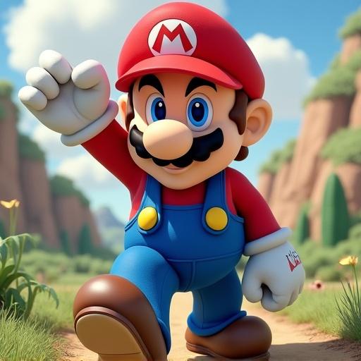 Character from a popular video game series. Cartoon style with bright colors. Iconic red hat and blue overalls. Cheerful pose in a vibrant landscape.