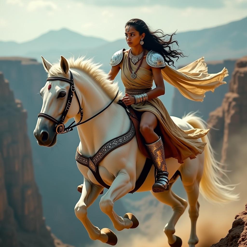 A rider in metallic armor on a white horse leaps over a ravine. The rider is fierce and focused. The horse has rippling muscles in mid-air. Sunlight shines on detailed armor and flowing garments. A sword is firmly held in hand. Distant mountains and dramatic sky create a backdrop.