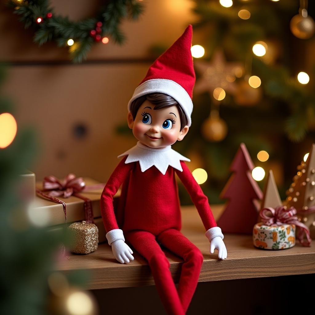 The image features a cute elf doll, dressed in a classic red outfit and white collar, sitting cheerfully on a wooden shelf. In the background, soft, twinkling lights and Christmas decorations create a warm and festive atmosphere. The elf's expression is playful, inviting children and adults alike to embrace the holiday spirit. Surrounding the elf are beautifully wrapped presents and decorative trees, adding to the joy of the Christmas season. This charming scene perfectly captures the essence of holiday cheer and the whimsical nature of the Elf on the Shelf tradition.