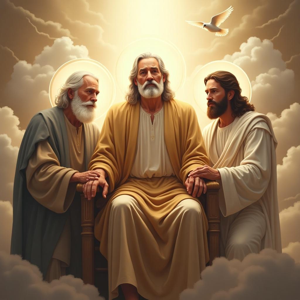 Artwork depicts the concept of the Father, Son, and Holy Spirit. Three figures representing these divine elements are shown together in a heavenly setting. Ethereal lighting and soft clouds surround them, emphasizing their sacred nature.