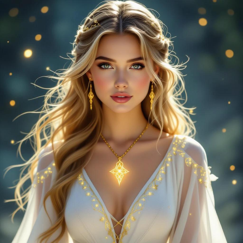 A young woman has long golden-blonde hair and fair skin. She has honey eyes and a graceful expression. She wears a flowing white gown with glowing golden runes. Her sleeves are sheer with constellations. A golden amulet shaped like a sigil glows around her neck. Her look is regal and enchanting with a mystical aura.