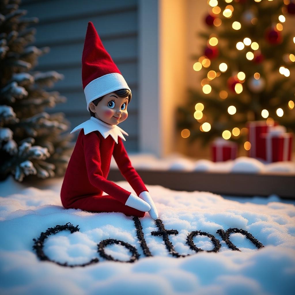 The scene features an Elf on the Shelf sitting outside in the snow. The elf is dressed in a classic red outfit with white accents, smiling as it writes the name 'Colton' in the snowy ground. In the background, a beautifully decorated Christmas tree is glowing with lights and ornaments. Presents wrapped in festive colors are placed nearby, adding to the holiday spirit. The setting has a cozy, magical feel, making it perfect for the Christmas season.