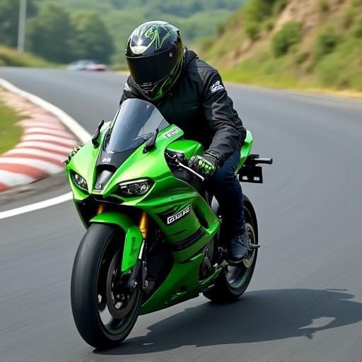 Kawasaki H2 motorcycle cruising low in a curve on a scenic road