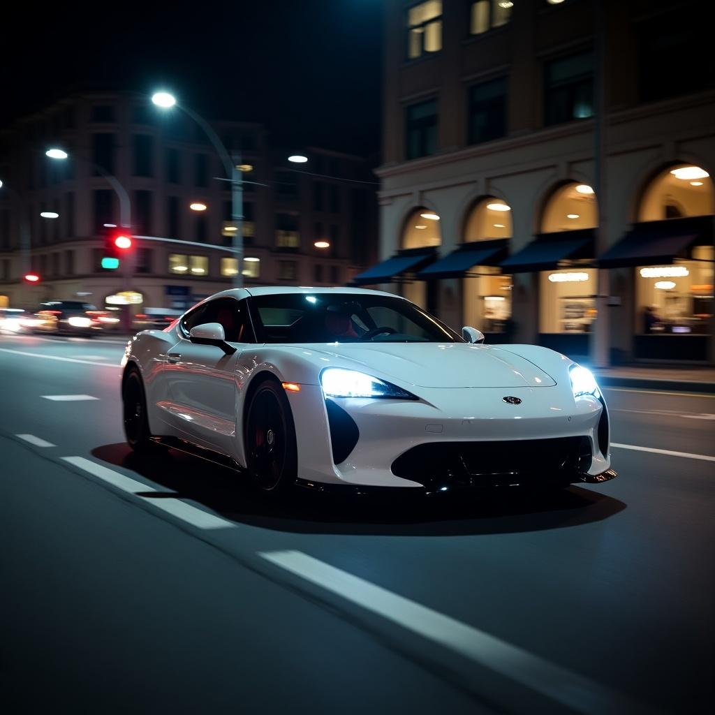 A sleek white car is driving on a city street at night. The car has glowing headlights.