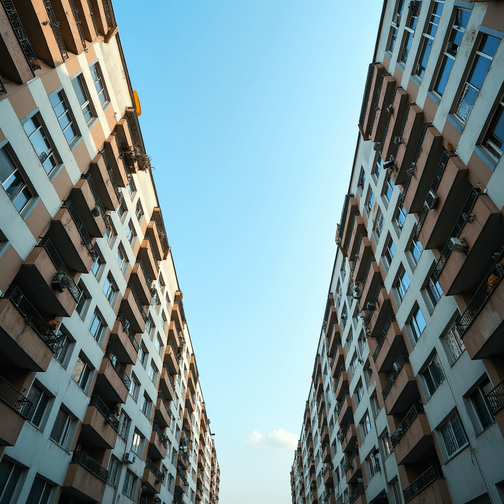 Two towering apartment buildings on either side create a dramatic perspective against a clear blue sky.