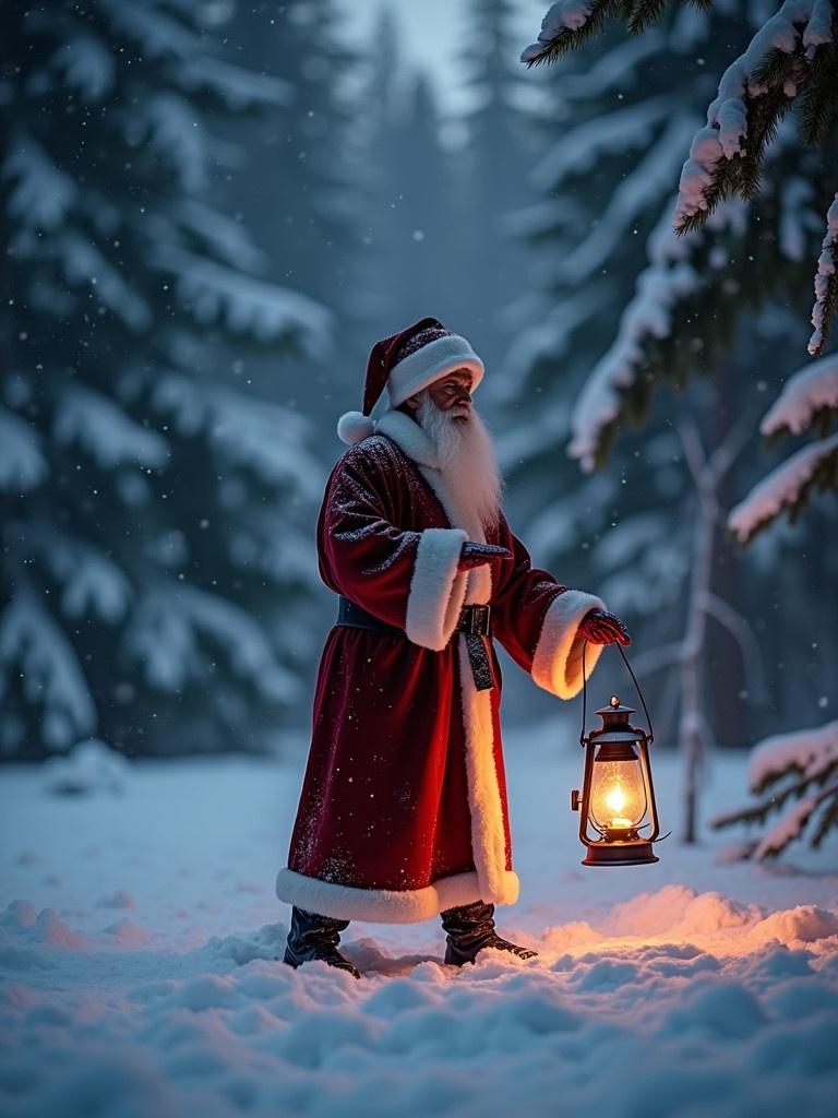 Santa Claus stands alone in a snowy forest at dusk. He practices tai chi while holding a lantern. The scene is peaceful and filled with falling snow.