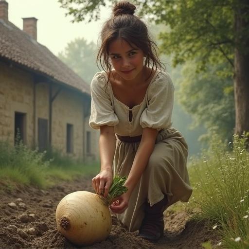 A village girl in a medieval European countryside pulls a giant daikon radish from the ground. She wears a simple linen blouse and skirt, lifting the hem as she grips the muddy root. Her cheeks are blushed, and she smiles mischievously. Old stone cottages and a misty forest are in the background. The scene has soft morning light. Highly detailed, realistic painting style, with a whimsical medieval fantasy atmosphere.