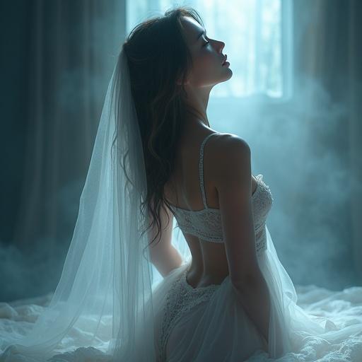 Hyper realistic digital painting of a beautiful ghost woman. Woman in sensual pose with sheer veils. Blurred glossy background. Professional and artistic style. Featuring lingerie.