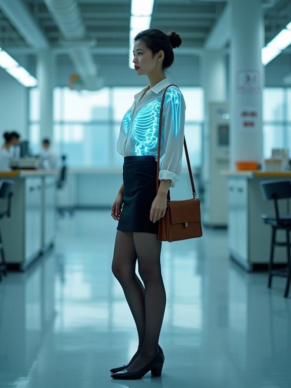 Full-body image of a female cyborg spy. Her figure appears normal. A holographic X-ray scan is visible glowing in cyan-blue. The scan reveals mechanical components inside her body. She wears a pearl-white chiffon blouse and a knee-length black skirt. She has black pantyhose and low-block-heels. Brown satchel slung over her shoulder. Hair is neatly tied in a bun. Setting is a bright laboratory.