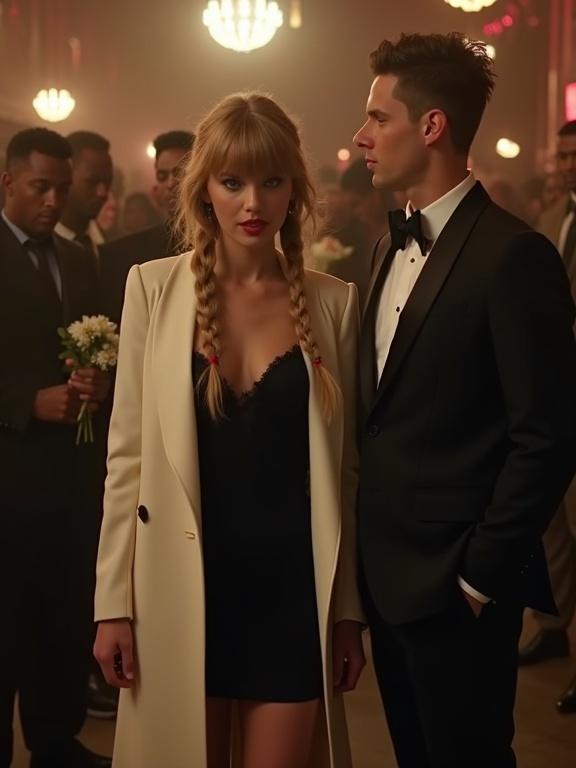 Scene in a nightclub showcasing a glamorous couple. Woman has twintails and blue eyes. She's wearing a black dress and high heels. A white man in a suit stands beside her holding flowers. Dim ambiance with many people in the background. Full-body view of the couple.