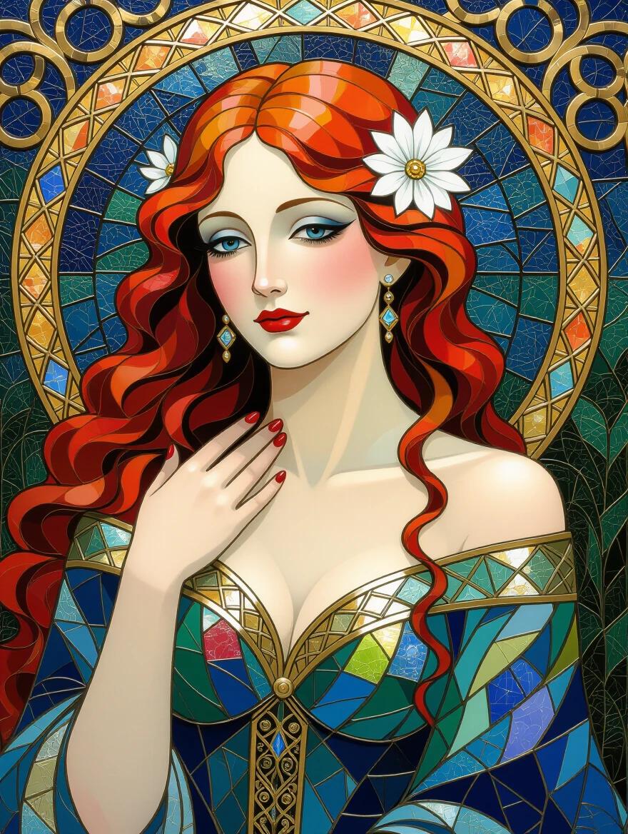 Close-up of an intricate mosaic art piece. Figure with flowing red hair depicted. Textured ceramic and glass panels fill the design. Art style reminiscent of Klimt. Vivid colors enhance the beauty and ethereal quality of the composition.