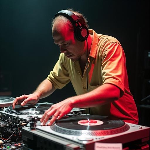 DJ performs passionately at a DJ championship. Energetic atmosphere with two turntables. Intent focus on mixing and cutting music with impressive skill. Celebrates turntablism techniques. Crowd energized by the performance.